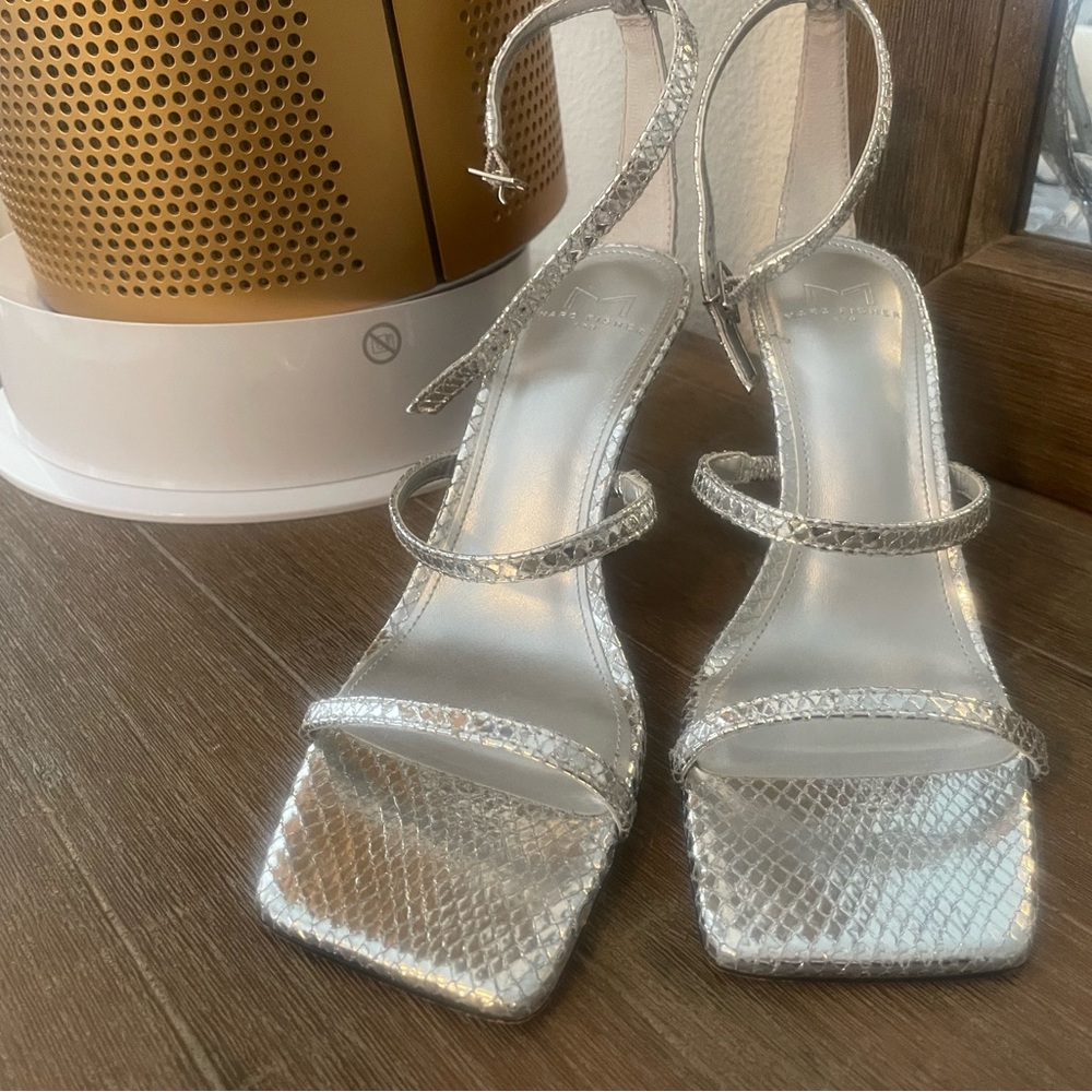 Silver Snake skin Marc Fisher short sandal heels